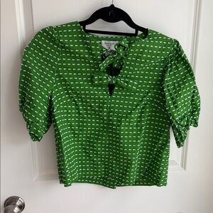 kate spade Bright Green Printed Tie-Neck Puff Sleeve Blouse